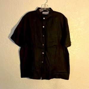 Black 100% Linen Short Sleeve Button Up Top Mother of Pearl Style Buttons